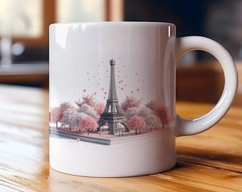 3D Eiffel Tower with Sakura Mug Wrap 11oz & 15oz Mug Wrap Template, Paris Landmark Mug Sublimation Design, Iconic French, Digital Download