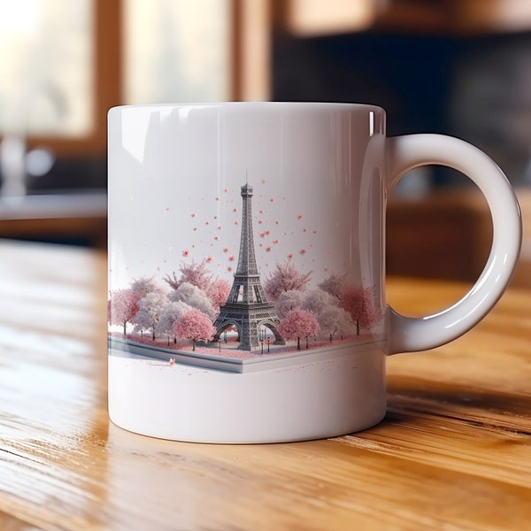 3D Eiffel Tower with Sakura Mug Wrap 11oz & 15oz Mug Wrap Template, Paris Landmark Mug Sublimation Design, Iconic French, Digital Download