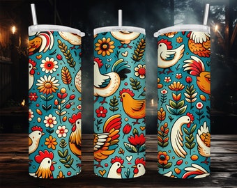 Kip en bloemmotief 20 oz Skinny Tumbler Wrap Sublimatie Design Recht, Taps toelopend, Chick Farm Tumbler PNG, Boerderijdier, Boerderijleven