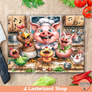 Lustiges Schwein, Huhn Kochen Schneidebrett Sublimationsdesign, Farmerish Küchen Dekor, Tier Koch Schneidebrett PNG Vorlage, Digital