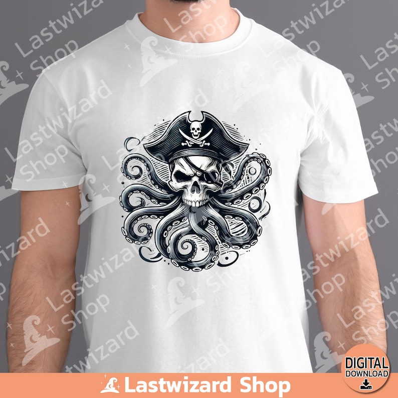 Dark ocean aesthetic digital illustration of a giant sea monster kraken skull painted in a vintage watercolor style.
