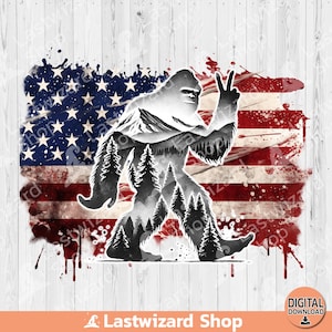 Yeti V Finger Forest Scene American Flag, Yeti Gift Sublimation Design, Shirt For Sasquatch Clipart, Bigfoot Loving, Bigfoot Hunt Digital