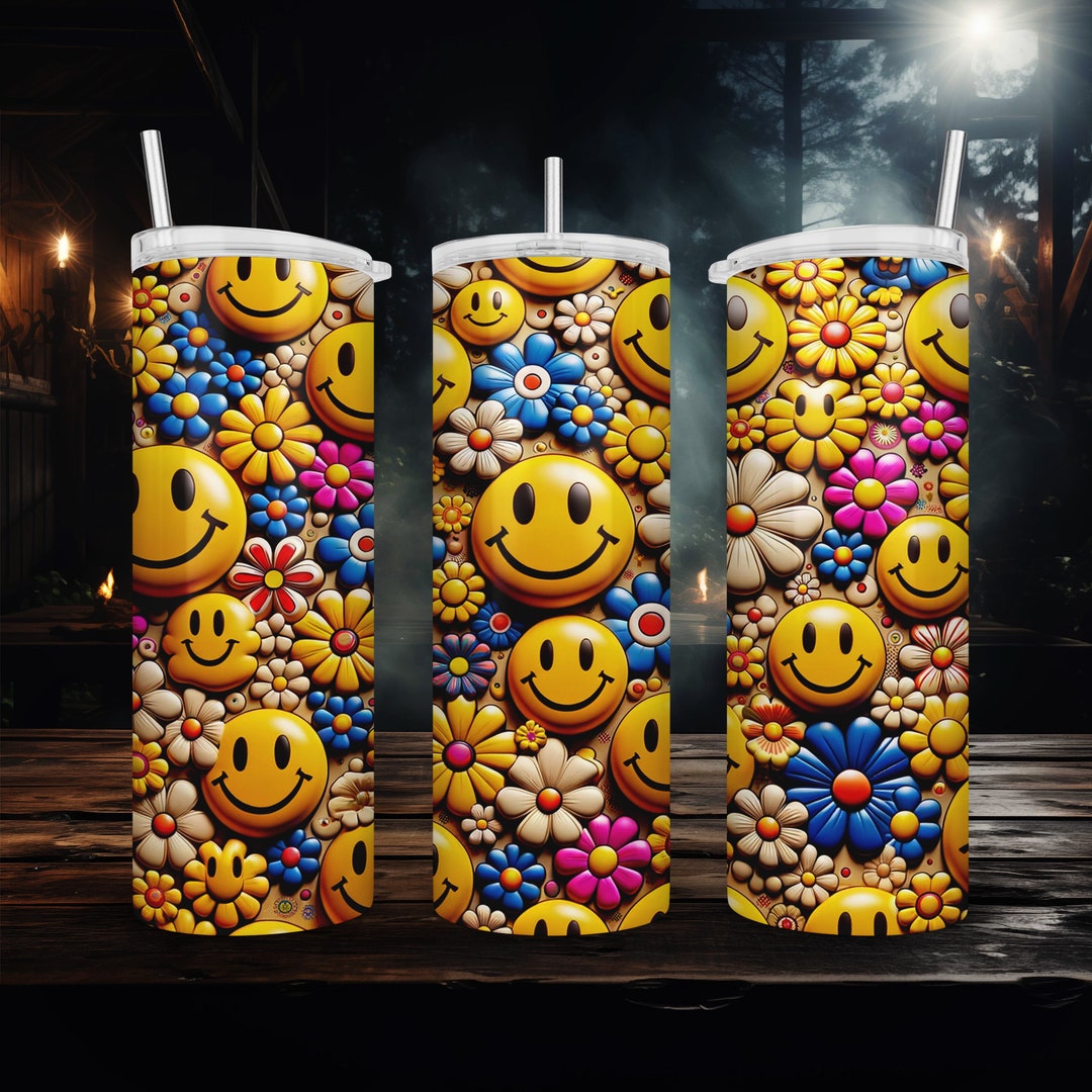 3D Retro Smiley Face Floral 20oz Skinny Tumbler Wrap Sublimation PNG ...