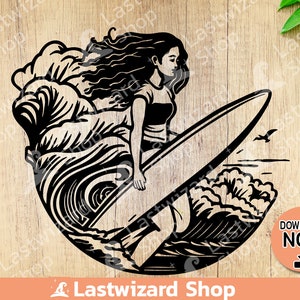Girl Surfing with Ocean Waves Svg Png, Summer Surfer for T shirt, Surfboard Svg, Beach Coastal, Stencil for Cricut, Birthday Gift For Her