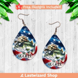 Hooker USA Flagge Ohrringe Sublimation Design PNG, Bass Fischen mit Sonnenbrille Camouflage CapTeardrop Ohrring Vorlage, Ohrring Rohlinge