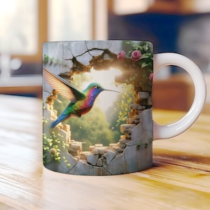 3D floral hole hummingbird mug wrap sublimation digital design for coffee cups