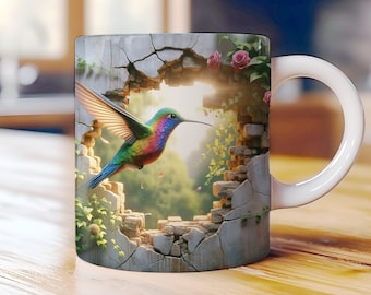 Hummingbird Mug Wrap: Floral 3D Hole Design (Digital Download)
