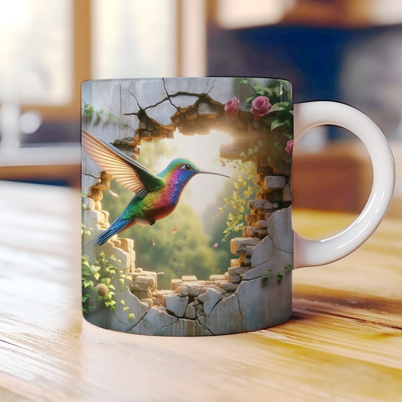 3D Hummingbird Mug Wrap Sublimation Design, Floral Hole Illusion Coffee Cup PNG, Spring Bird Digital Download, 11oz 15oz Mug File