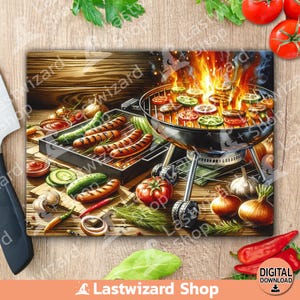 Barbecue with Fire Cutting Board PNG – 300 dpi Grill Party Sublimation Design, BBQ Kitchen Art, Instant Digital Download