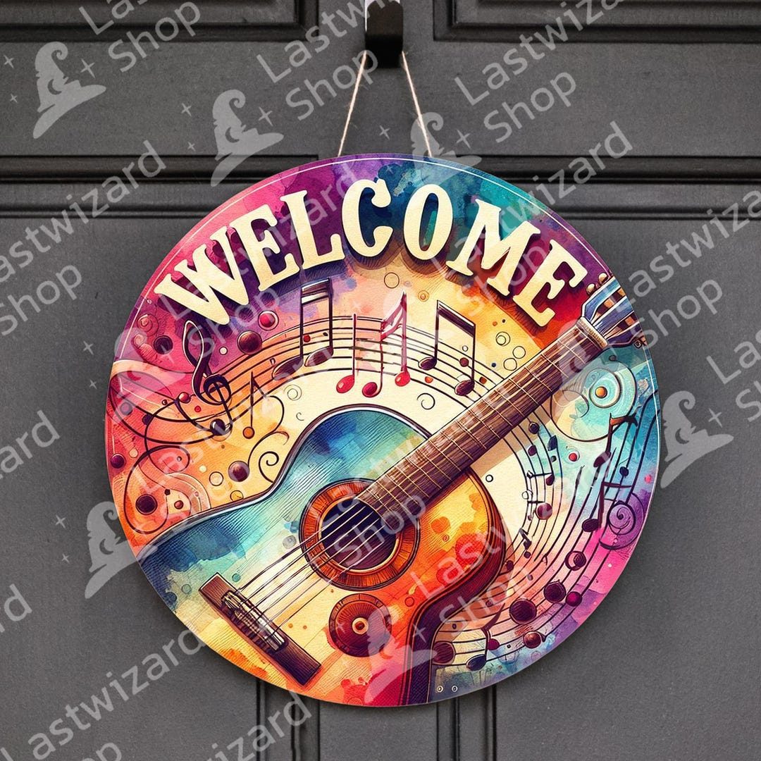 Guitar Music Notes Welcome Sign PNG: Retro Door Hanger (12 Inch Digital ...