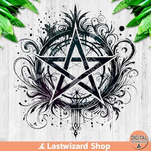 May include: A black and teal pentagram design with ornate floral and geometric elements. The design features a central star, a surrounding circle, and decorative flourishes. The image has a digital download icon and the text "Lastwizard Shop".