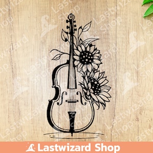 Puede incluir: Silueta en blanco y negro de un violonchelo con girasoles que crecen desde la parte superior del instrumento. El violonchelo está sobre una superficie de madera.