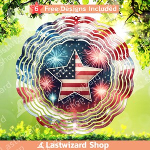 May include: A red, white, and blue metal wind spinner with a star and fireworks design. The wind spinner has six layers and is designed to spin in the wind.