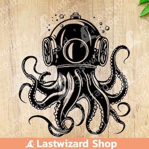 Polpo con Scuba SVG, Diving Svg, Underwater Svg, Snorkeling per maglietta, Deep Sea Svg, Stencil per Cricut, Png, Regalo per gli amanti dell'oceano