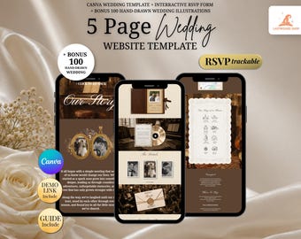 Vintage Romantic Wedding Website Template: Classic Brown Canva Wedding Website with RSVP | Mobile-Friendly for Paperless Couple