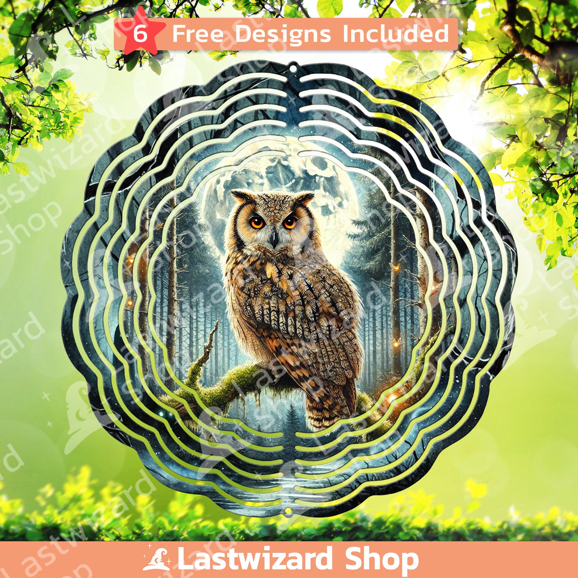 Owl with Moon Wind Spinner Png, Boho Owl Door Hanger Sublimation Template Png, Woodland Owl Windspin