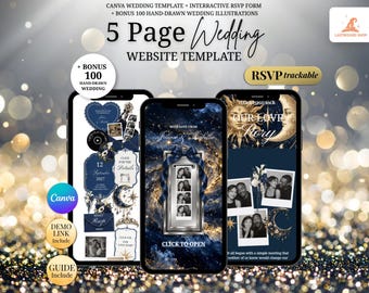 Navy Blue Celestial Photo Booth Wedding Website Template | Canva Wedding Website, RSVP & Live Countdown | Digital Invitation, Save the Date