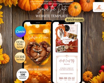 Fall Fox Wedding Website with RSVP and Music, Autumn Save the Date Invitation with RSVP, Woodland Editable Canva Template Invite