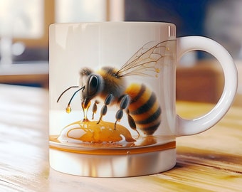 3D Honeybee Mug Wrap PNG, Bee Honeycomb Floral Sublimation 11oz 15oz Coffee Cup Template, Bumble Bee Lover Gift Digital Download