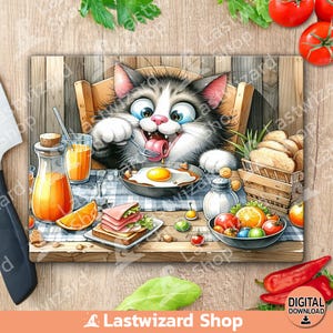 Crazy Cat Eating Cutting Board – Funny Glass Kitchen Decor for Cat Lovers, Whimsical Chef Gift