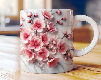 3D Sakura Cherry Blossom Mug Wrap PNG, Luxury Floral Marble Sublimation Design, Elegant Spring Flower Coffee Cup Digital Download