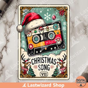 Weihnachtsmusik Kassetten Tarot Karte PNG, Retro Christma Sublimation Design, Aquarell Merry Xmas Clipart, Winter, digitaler Download