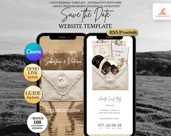 Retro Ivory Old Money Lace Save the Date Website Template with Swan Envelope | Editable Canva Wedding Website with RSVP | Mobile-Friendly