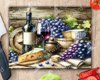 Schneidebrett für Wein und Käse (PNG) | Schneidebrett mit Wein- und Traubenmotiven (Sublimationsdesign) | Schneidebrett (PNG) – Geschenkidee für die Küche