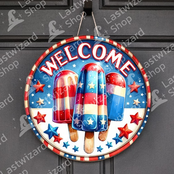Retro Americana Popsicle Sign Digital Download, Vintage 4th of July Porch Decor Printable, Red White Blue Summer Party Art, USA Door Hanger