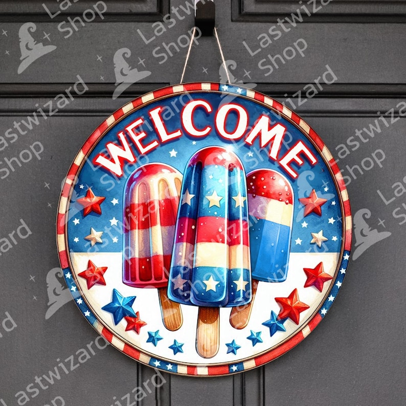 Red White and Blue Firecracker Popsicle Watercolor Digital Art for Patriotic Front Door Decor.