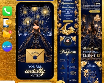 Royal Navy Blue White Quinceañera Website Invitation, Gothic Theme XV Website Invitation Canva Template, RSVP Tracker (Instant Download)
