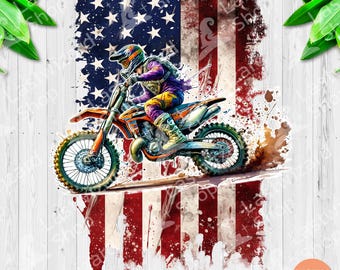 Beunruhigter Vaterländischer Motocross-Fahrer PNG, Dirt Bike-Sublimationsdesign mit amerikanischer Flagge, 4. Juli USA Off-Road Racing Digitale Datei