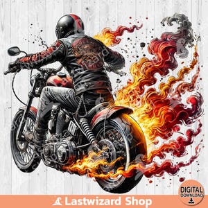 Motard aquarelle PNG : Clipart moto de feu (téléchargement numérique)