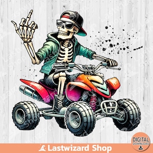 May include: A skeleton wearing a green and black jacket and a black and red baseball cap is riding a red and orange ATV. The ATV has black wheels and a black frame. The background is a white wood grain.