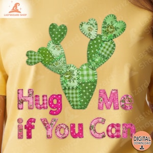 Patchwork Heart Cactus PNG, Hug Me if You Can Sublimation Design, Sassy Western Desert Clipart, Pink Gingham Appliqué Digital Download