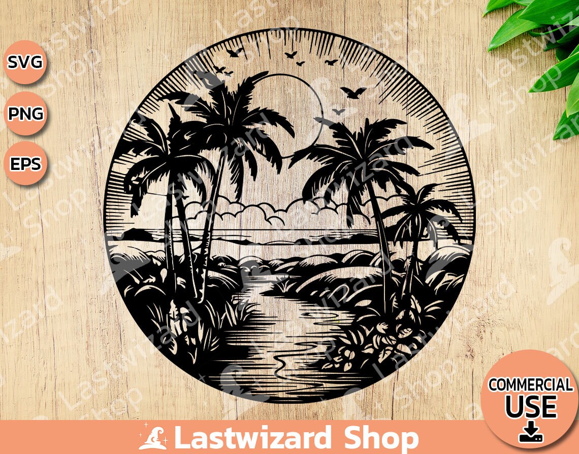 Palm Tree Scene with Ocean Svg for T shirt, Vacation Svg, Sunset Svg, Png, Eps, Cricut, Gift for Summer Trip, Bridal Party, Wedding Beach