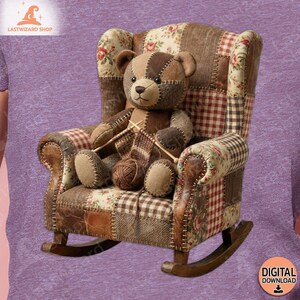 May include: A patchwork rocking chair with a teddy bear holding knitting needles and yarn. The chair features various fabric patterns, including floral, plaid, and solid brown patches. The teddy bear is brown and tan, with stitched details. The chair has wooden rockers.