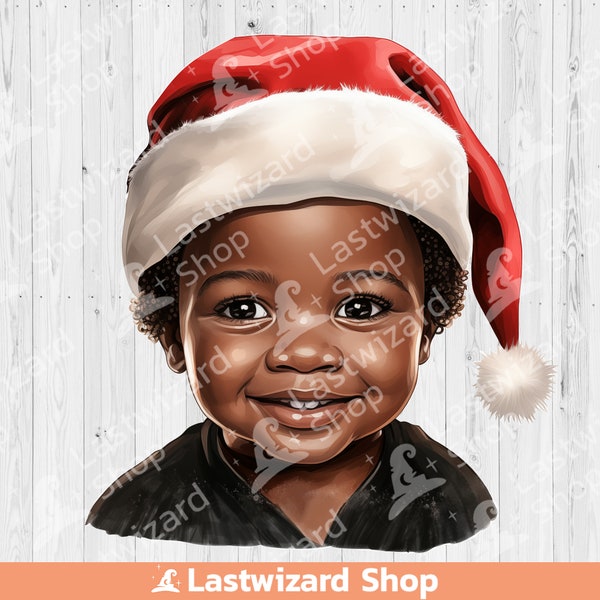 Black Baby Boy With Christmas Hat Sublimation Png Jpg, African-american, Toddler Birthday Clipart, Watercolor, Gift For Christmas