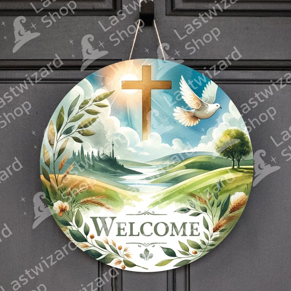 Holy Cross Round Sublimation Door Hanger PNG Design, Jesus Cross Welcome Door Sign 12 Inch Round PNG, Wreath Sign, Digital Download