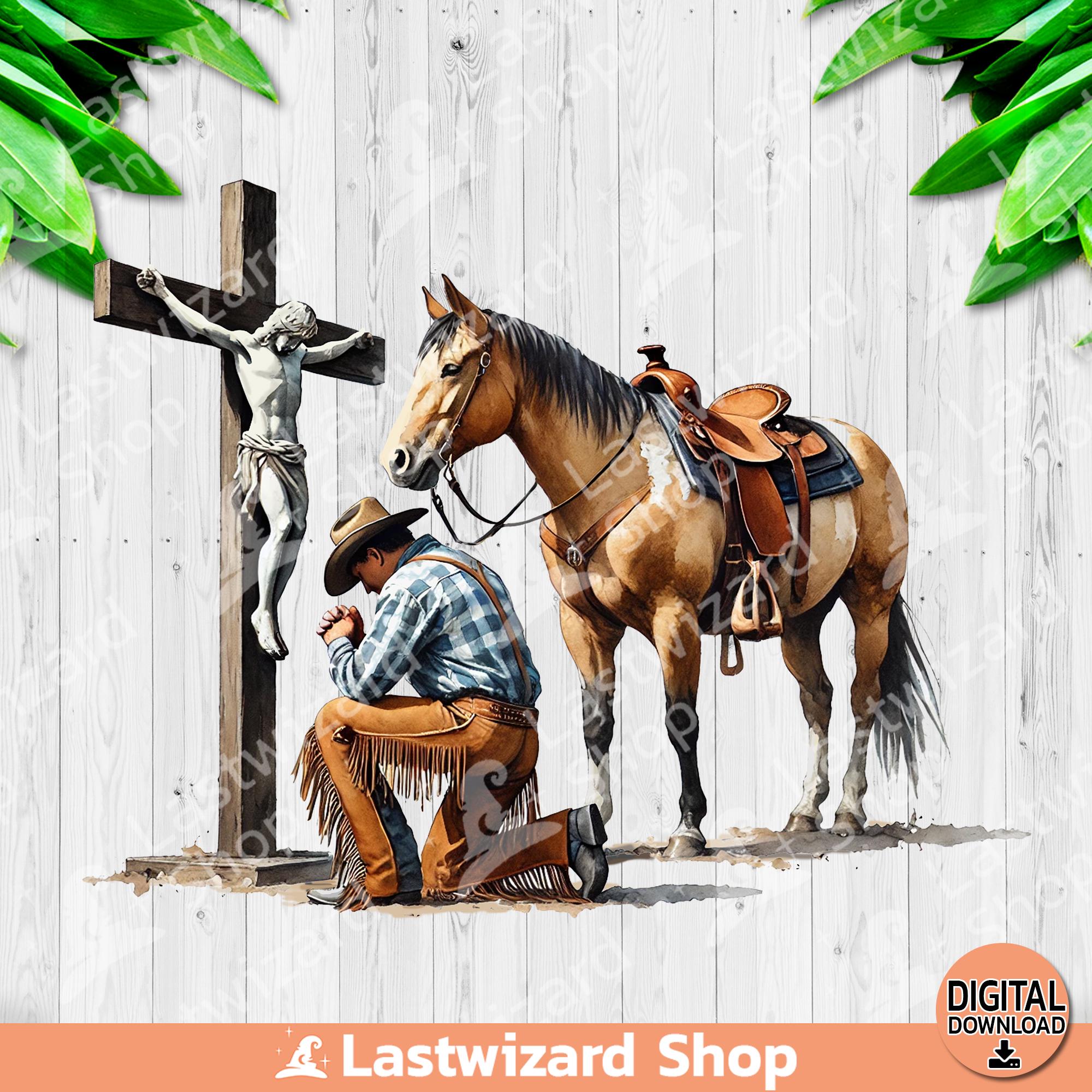 Cowboy Kneeling at Jesus Cross With Horse  Png, Retro Western Desert Cowboy Life Sublimation Design, Country Clipart, Rodeo Digital Download