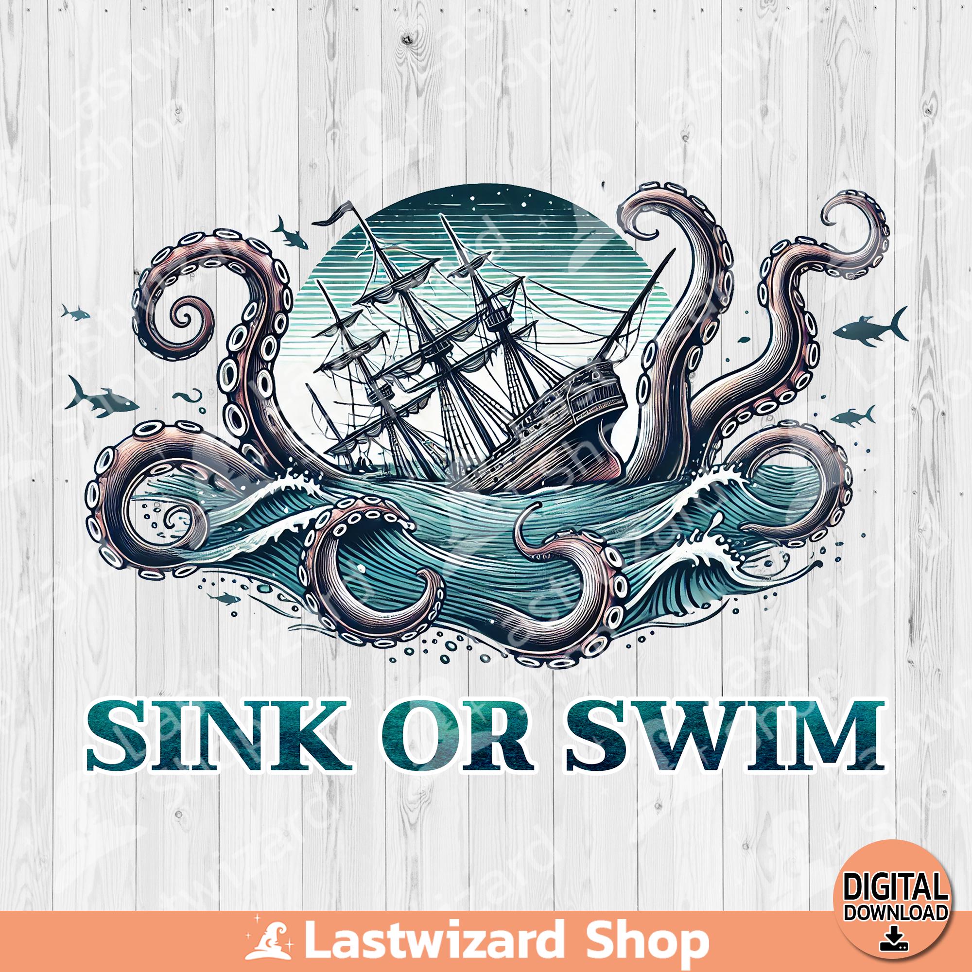 Sink or Swim Watercolor Kraken Shipwreck PNG, Giant Octopus Sea