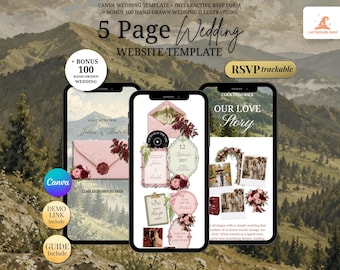 Pink, Burgundy & Green Wedding Website Template with Reveal Envelope, RSVP, Music and Countdown: Digital Romantic Garden Canva Template