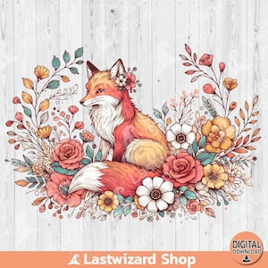 Floral Fox PNG, Cute Flower Fox Sublimation Design, Watercolor Fox Lover Clipart, Nature Lover Shirt, Woodland Floral Fox, Digital Download