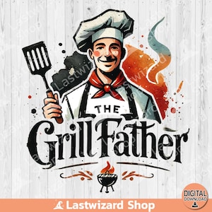 Könnte beinhalten: Eine Aquarell-Illustration eines Kochs mit einer weißen Kochmütze, der einen Spatel hält. Der Koch steht vor einem roten und orangenen Hintergrund mit dem Text "The Grill Father" in schwarzen Buchstaben.