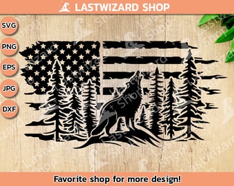 Lupo patriottico con bandiera americana in formato SVG, silhouette rustica di animali selvatici della foresta per taglio laser, vettore di lupo ululante con bandiera USA, maestosa decorazione murale con animali.