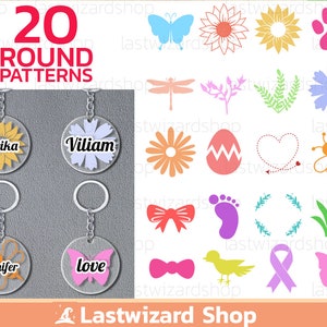 Spring Round Keychain Svg, Summer Keychain Background Svg, Butterfly, Ribbon, Flower, Bow, Bird, Dog Foot, Keychain Patterns Svg Png Eps