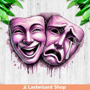 Máscara facial de teatro llorando riendo PNG, diseño de sublimación de máscara de payaso, imágenes prediseñadas de máscara triste, máscara de drama PNG, reír ahora llorar después PNG, digital