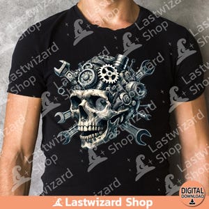 Steampunk skull digital PNG with tools for handyman father's day gifts, high-resolution distressed workshop aesthetic for DIY crafts.