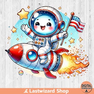 Niedlicher Astronaut, der eine Rakete PNG reitet, Kinderzimmer Dekor Sublimationsdesign, niedlicher Raumfahrer Clipart, Jungen Raumschiff PNG, Planeten PNG, Digital
