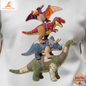 May include: A collection of four handmade dinosaur plush toys. The dinosaurs are constructed from diverse fabrics, including tartan, denim, and floral prints. The uppermost dinosaur is a purple Pterodactyl, succeeded by a red plaid T-Rex, a blue Triceratops, and a green Brontosaurus.